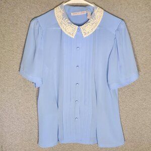 Laura & Jayne Blue Button Up Blouse with Lace Collar